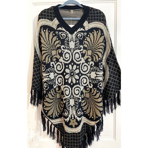 Sweater Knit Poncho Cape Cardigan OS Navy Blue Tan Fringe NEW Boho Hippie V Neck - Picture 1 of 7